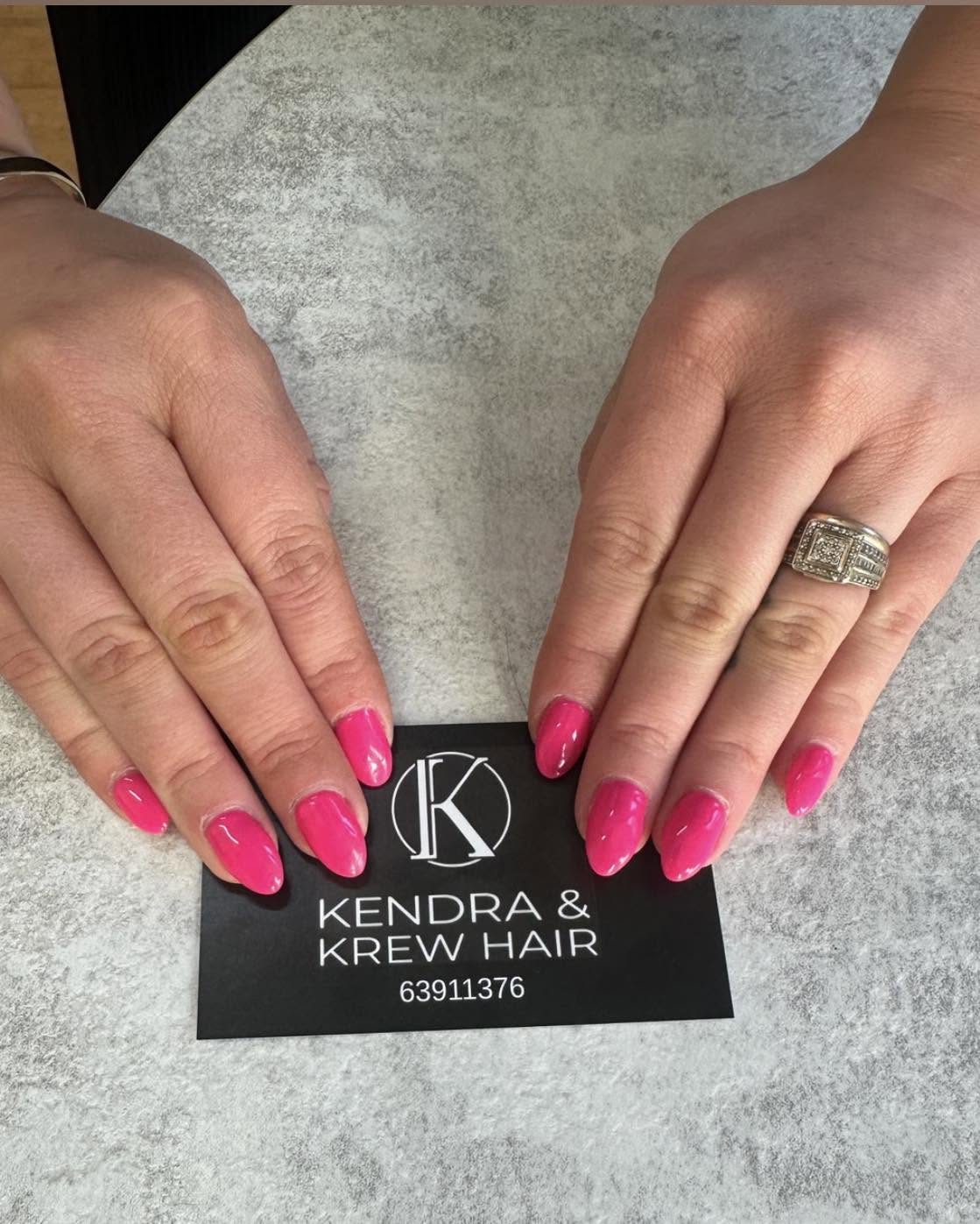 Gel nails by Kendra & Krew Hair, Longford Tasmania, on the salon business card