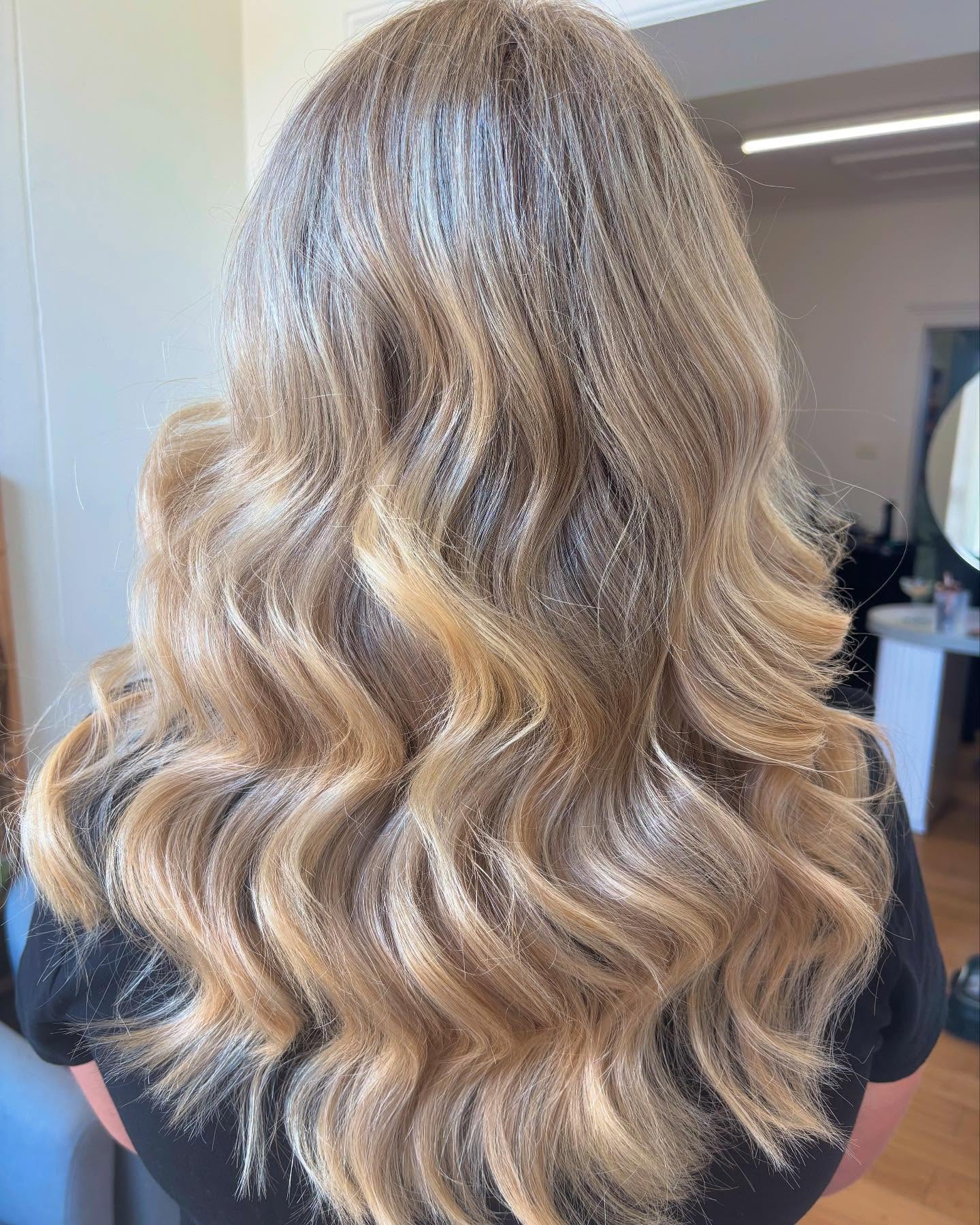 Cream and honey balayage by Kendra & Krew Hair, photographed in the salon on Marlborough Street, Longford